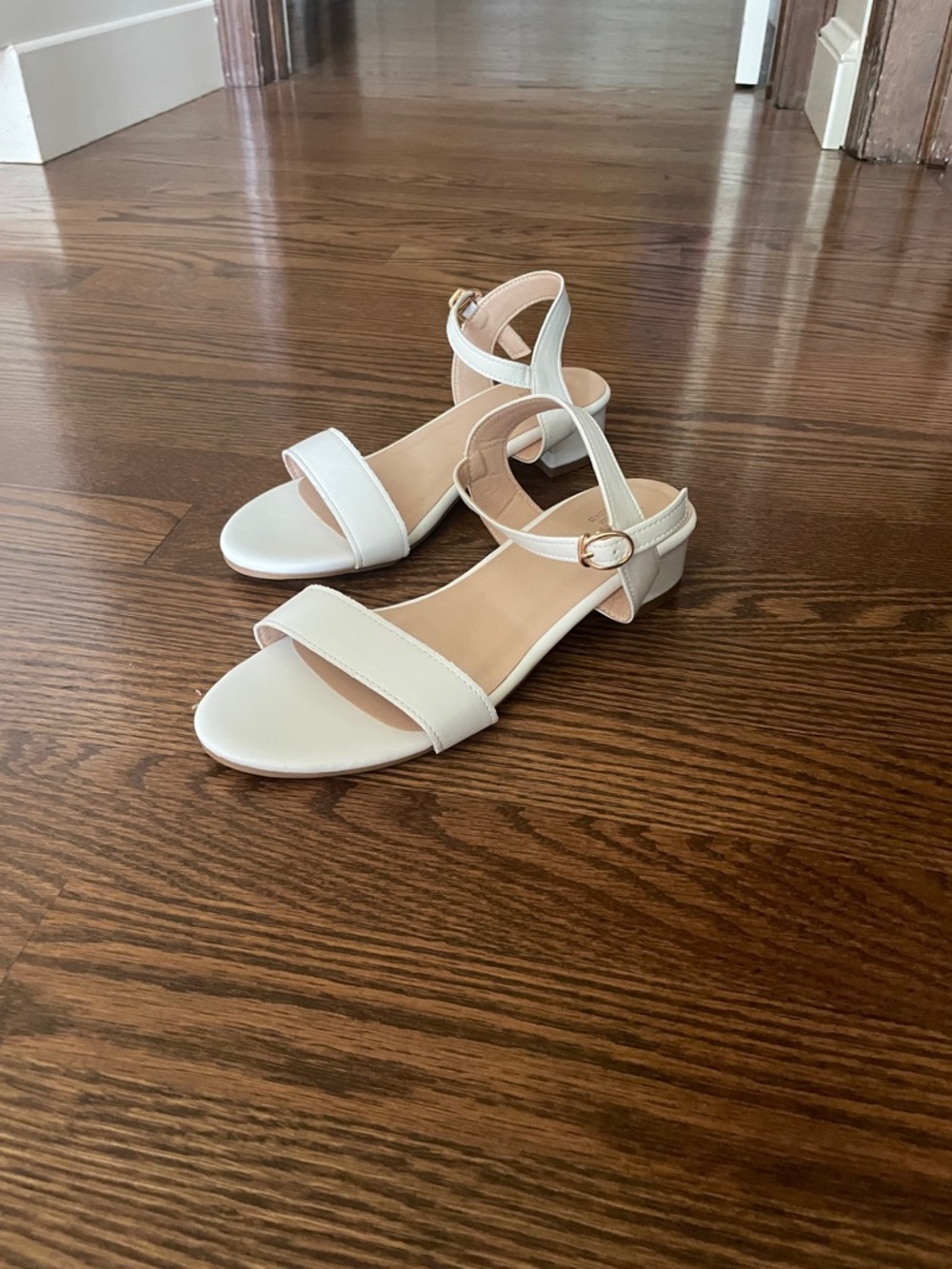 Classic White Ankle-Strap Low Block Heel Sandals